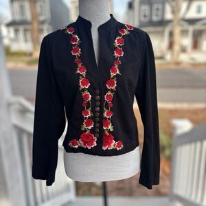 Johnny Was Black Cotton Twill Asian floral & calligraphy embroidered Jackey